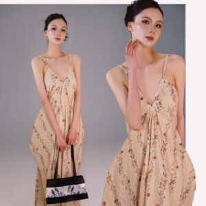 Vintage Botanical Print V-Neck Maxi Slip Dress