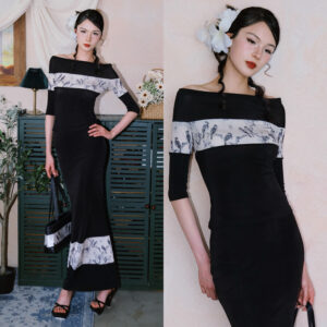 Vintage Bird Print Off-Shoulder Top & Mermaid Skirt Set