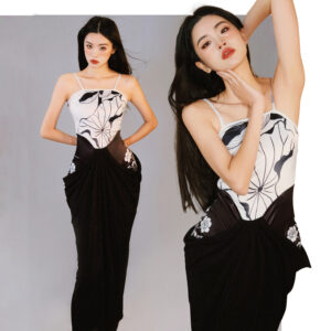 Elegant Lotus Print Draped Maxi Dress - Black & White Bodycon Gown