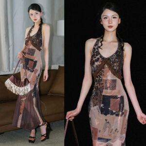 Vintage Oriental Patchwork Halter Maxi Dress - Sheer Mesh Bodycon Mermaid Dress with Lace Trim