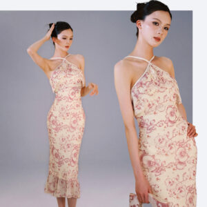 Orchid Print Halter Neck Midi Dress, Ruffled Mesh Bodycon Dress, Elegant Backless Mermaid Hem Party Dress