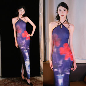 Halter Neck Qipao Maxi Dress | Blue-Purple Ink Porcelain Print Bodycon Gown