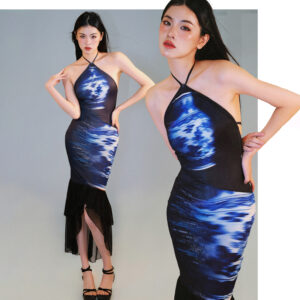 Blue & White Porcelain Print Halter Mermaid Maxi Dress